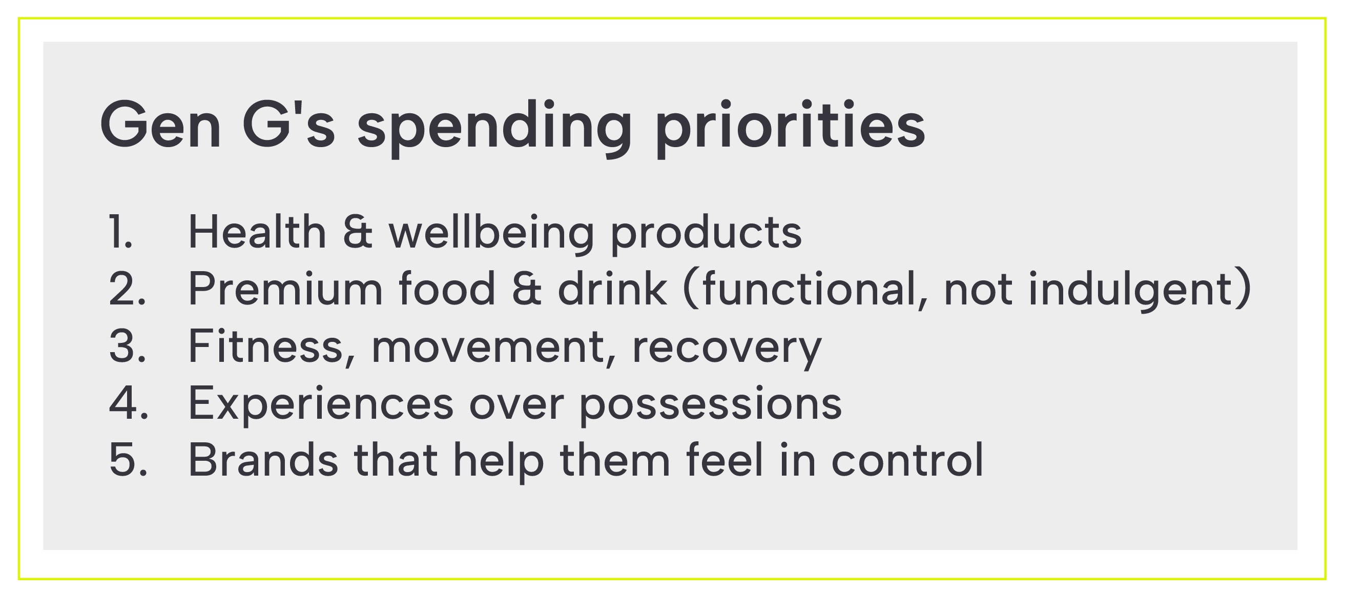 Gen G Spending priorities